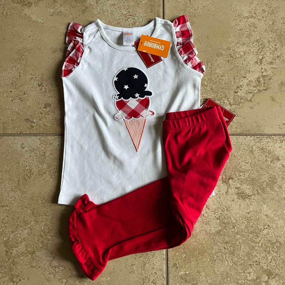 NWT 2 Piece "American Cutie" Girls Applique Ice Cream Cone Top -Red Leggings
